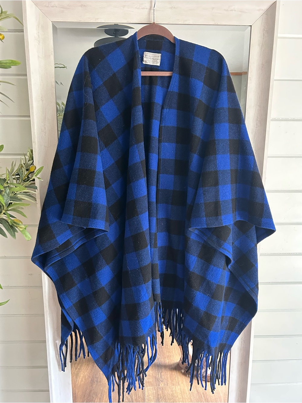 Pendleton Blue and Black Buffalo Plaid Wool Poncho with Fringe